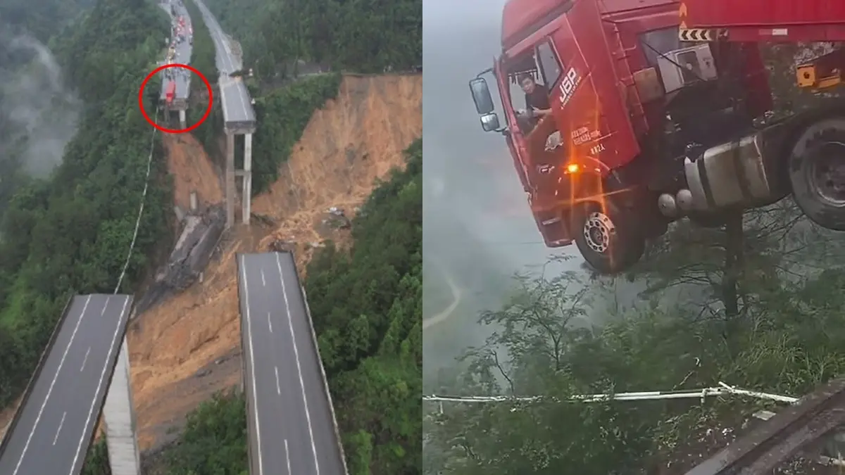 ▲中國廈蓉高速公路貴州路段的高架橋坍塌，一輛貨車車頭卡在橋面，駕駛受困。（圖／翻攝自微博）