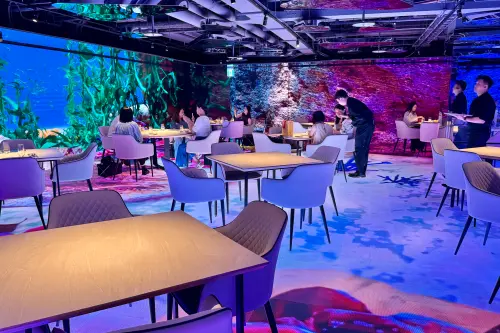 「eoi 極致餐飲」最大亮點是「全台首創 Mini LED 沉浸式餐廳」,聯嘉光電集團獨家研發 Mini LED 全環繞顯示技術,餐廳內360度的視野,將牆面與地面化為動態舞台。(圖/記者葉盛耀攝) ▲「eoi 極致餐飲」最大亮點是「全台首創 Mini LED 沉浸式餐廳」,聯嘉光電集團獨家研發 Mini LED 全環繞顯示技術,餐廳內360度的視野,將牆面與地面化為動態舞台。(圖/記者葉盛耀攝)