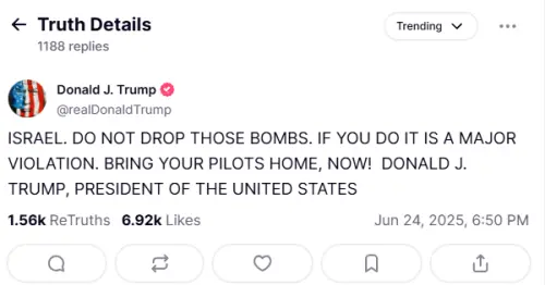 ▲美國總統川普在自家社群Truth Social發文，要求以色列不准射飛彈，否則就違反停火協議。（圖／翻攝自川普Truth Social）