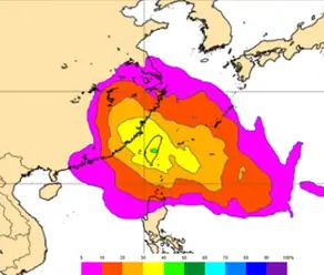 ▲最新（24日20時）歐洲系集模式第10天、也就是7月4日的模擬圖顯示，輕颱侵擾台灣的機率提高至50%。（圖／吳德榮提供）