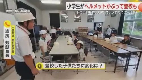 ▲日本鹿兒島外海頻頻發生地震，吐噶喇群島十島村的學童需戴上安全帽上課。（圖／ANNnews YouTube）