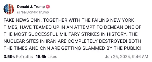 ▲川普在個人社群媒體發文怒轟《CNN》和《紐約時報》，稱這兩家媒體將遭到大眾唾棄。（圖／翻攝自川普社群媒體）