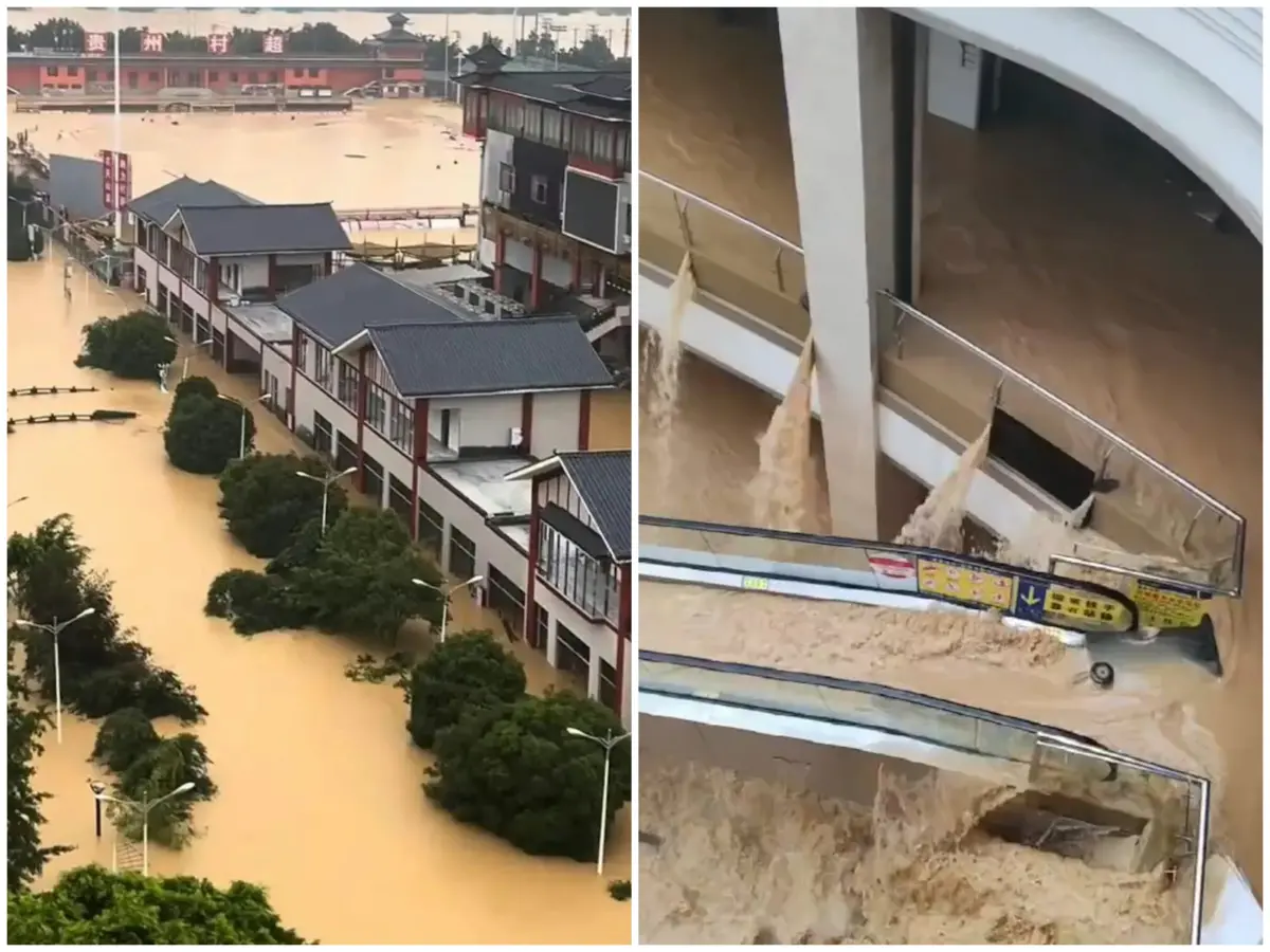 ▲中國貴州省榕江縣遭遇30年一遇洪水，受到持續強降雨以及上游水系來水的疊加影響，當地多處道路與店面淹水，昨（24）日榕江縣經歷了停電斷網以及部分路段交通中斷。（合成圖／翻攝自微博）