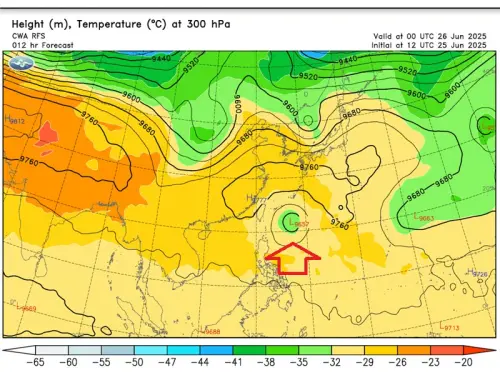▲冷心低壓的高層冷空氣範圍目前已涵蓋台灣上空，箭頭所指的是一個高空低氣壓。（圖／鄭明典臉書）