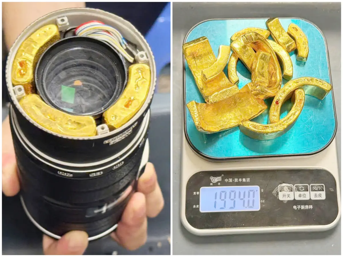 ▲越南河內「內排國際機場」（Noi Bai International Airport）海關人員25日破獲1起黃金走私案，1名台灣籍旅客將約2公斤、價值逾55億越南盾（約合新台幣625萬元）的黃金藏在4個相機鏡頭內，企圖闖關入境，但遭海關人員識破。（合成圖／翻攝自《VietNamNet》）