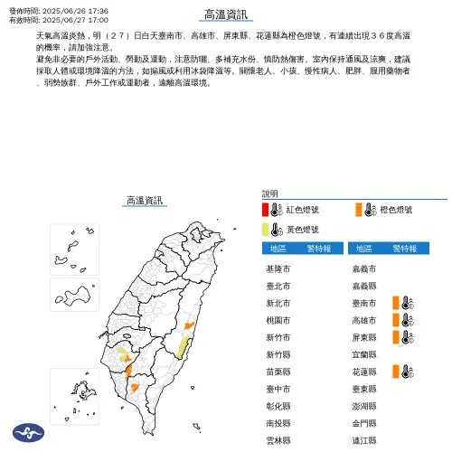 ▲各地天氣高溫炎熱，今日白天彰化縣、雲林縣、臺南市、高雄市為橙色燈號，有連續出現36度高溫的機率，請加強注意。（圖／取自中央氣象署）