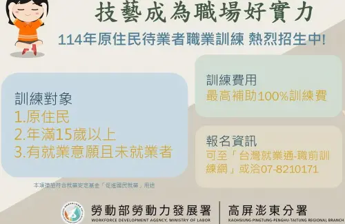 ▲勞動力發展署高屏澎東分署舉辦原住民職業訓練課程,將持續招生中。(資料照/勞動部高屏澎東分署提供) ▲勞動力發展署高屏澎東分署舉辦原住民職業訓練課程,將持續招生中。(資料照/勞動部高屏澎東分署提供)