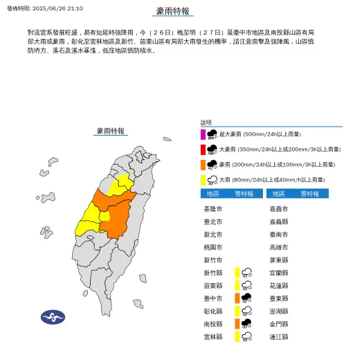▲今日午後對流雲系發展旺盛，易有短延時強降雨，今晚至明晨南投縣山區有局部大雨或豪雨，臺中至雲林地區及新竹、苗栗山區有局部大雨發生的機率。（圖／取自中央氣象署）