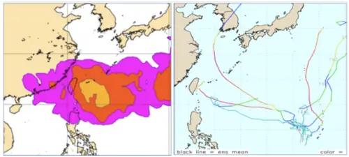 ▲在歐洲模式的模擬圖顯示，台灣東方海面「輕颱」機率最高為30%，美國模式也呈現非常分歧如「天女散花」的模擬路徑。（圖／翻攝氣象應用推廣基金會洩天機教室）