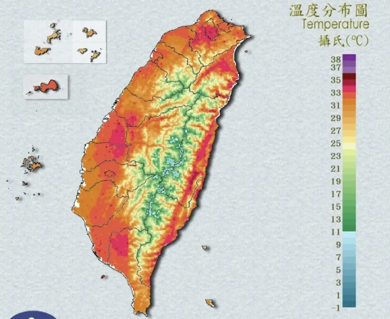 ▲台灣未來一週還是高溫悶熱，今日不少地區要注意36度以上的高溫，溫度分布圖上一片通紅。（圖／中央氣象署）