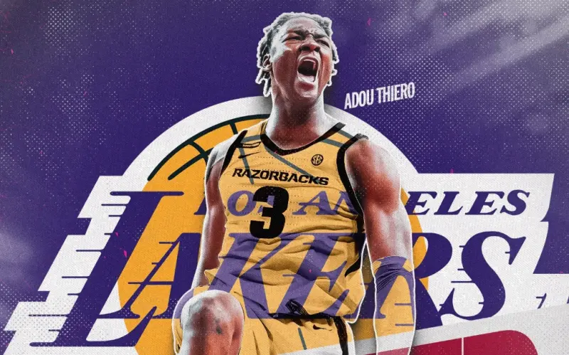 ▲NBA選秀會今（27）日舉行第二輪，湖人雖無首輪籤，仍透過兩筆交易向上換得第36順位，成功選進來自阿肯色大學的前鋒Adou Thiero。（圖／取自Ｘ）	　	