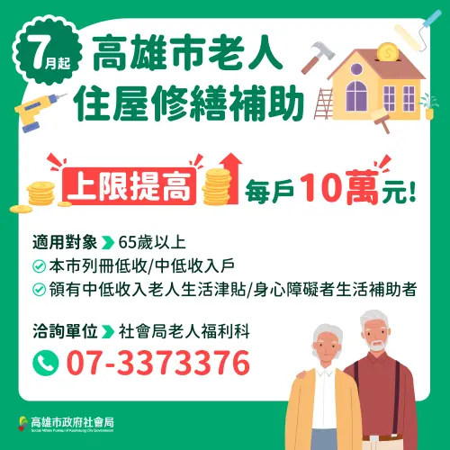 ▲高市弱勢老人住屋修繕加碼補助，7月1日起最高補助10萬元。(圖／高市府社會局提供)