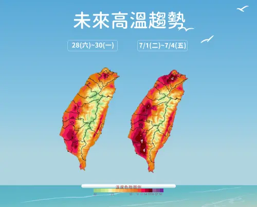 ▲高溫悶熱的天氣還要持續一段時間，尤其是下週後半段，36度以上極端高溫機率增加。（圖／中央氣象署）