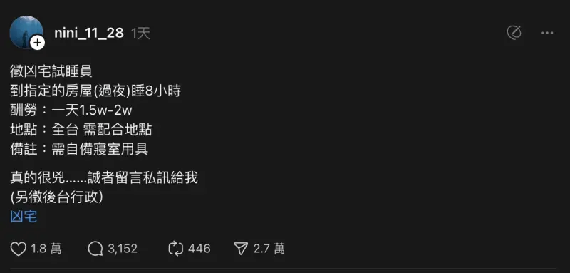 ▲有網友在社群平台PO出高薪「凶宅試睡員」徵才文，引發網友熱議。（圖／翻攝自Threads）