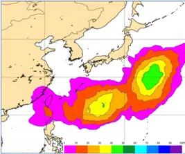 ▲28日20時歐洲系集模式，7月5日模擬圖顯示，從日本東南方海面向西延伸至台灣附近，都有偏低的「輕颱」存在機率。（圖／吳德榮提供）