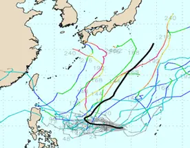 ▲颱風模擬路徑呈現分歧，有如「天女散花」狀。（圖／吳德榮提供）
