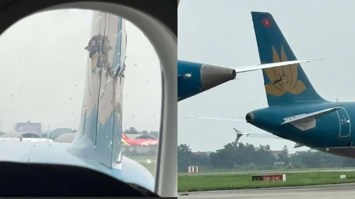 ▲一架越南航空（Vietnam Airlines）客機27日下午在越南河內內排國際機場在起飛過程中，與同公司另一架飛機發生擦撞事故。（圖／翻攝自Ｘ@Fahadnaimb）