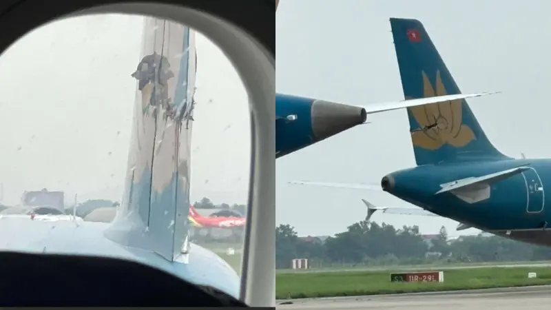 ▲一架越南航空（Vietnam Airlines）客機27日下午在越南河內內排國際機場在起飛過程中，與同公司另一架飛機發生擦撞事故。（圖／翻攝自Ｘ@Fahadnaimb）