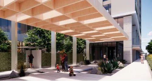 ▲串連基地與捷運場站之造型遮棚示意圖。（圖／高市府都發局提供）