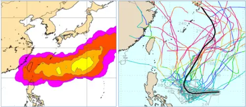 左圖為最新歐洲系集模式,週日模擬圖顯示,從日本東南方海面向西延伸至台灣附近,都有偏低的「輕颱」存在機率,隱含其模擬位置很分歧,而最高機率(40%)則集中在琉球東南方及日本南方海面、顯示其影響台灣的機率偏低。;右圖為最新美國系集模式,呈現分歧如「天女散花」狀的模擬路徑(圖/氣象應用推廣基金會.老大洩天機專欄) ▲左圖為最新歐洲系集模式,週日模擬圖顯示,從日本東南方海面向西延伸至台灣附近,都有偏低的「輕颱」存在機率,隱含其模擬位置很分歧,而最高機率(40%)則集中在琉球東南方及日本南方海面、顯示其影響台灣的機率偏低。;右圖為最新美國系集模式,呈現分歧如「天女散花」狀的模擬路徑(圖/氣象應用推廣基金會.老大洩天機專欄)