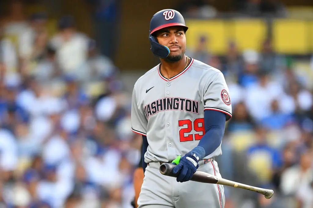 ▲MLB華盛頓國民今（30）日客場出戰洛杉磯天使，國民陣中大物新秀James Wood單場獲得天使4次故意四壞保送，成為MLB史上第六位達成此紀錄的選手，同時也是繼2004年的Barry Bonds後首人。（圖／美聯社／達志影像）