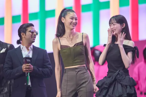 ▲崔帕西阿努潘蒂（左起）、鄭好娟、李瑜美是第一季的要角，一起現身《魷魚遊戲3》造勢活動。（圖／Netflix）