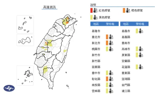 ▲今日白天，各地要留意36度高溫出現的機率，外出多補充水分，嚴防中暑。（圖／中央氣象署）