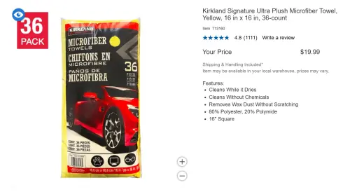 實際查詢美國好市多官網,發現科克蘭(Kirkland)超細纖維擦拭布36入,在當地售價為19.99美金,以現在匯率換算成新台幣也只要583元。(圖/美國好市多官網) ▲實際查詢美國好市多官網,發現科克蘭(Kirkland)超細纖維擦拭布36入,在當地售價為19.99美金,以現在匯率換算成新台幣也只要583元。(圖/美國好市多官網)