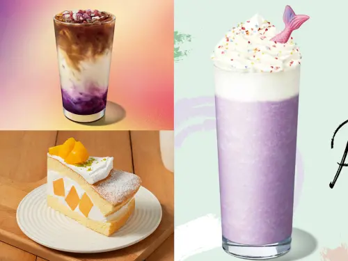 ▲左起：「脆糖紫紅薯燕麥瑪奇朵」中杯170元、大杯185元、特大杯200元，「芒果波士頓派」140元，「繽紛紫紅薯奶霜星冰樂」中杯170元、大杯190元、特大杯210元。（圖／星巴克提供）