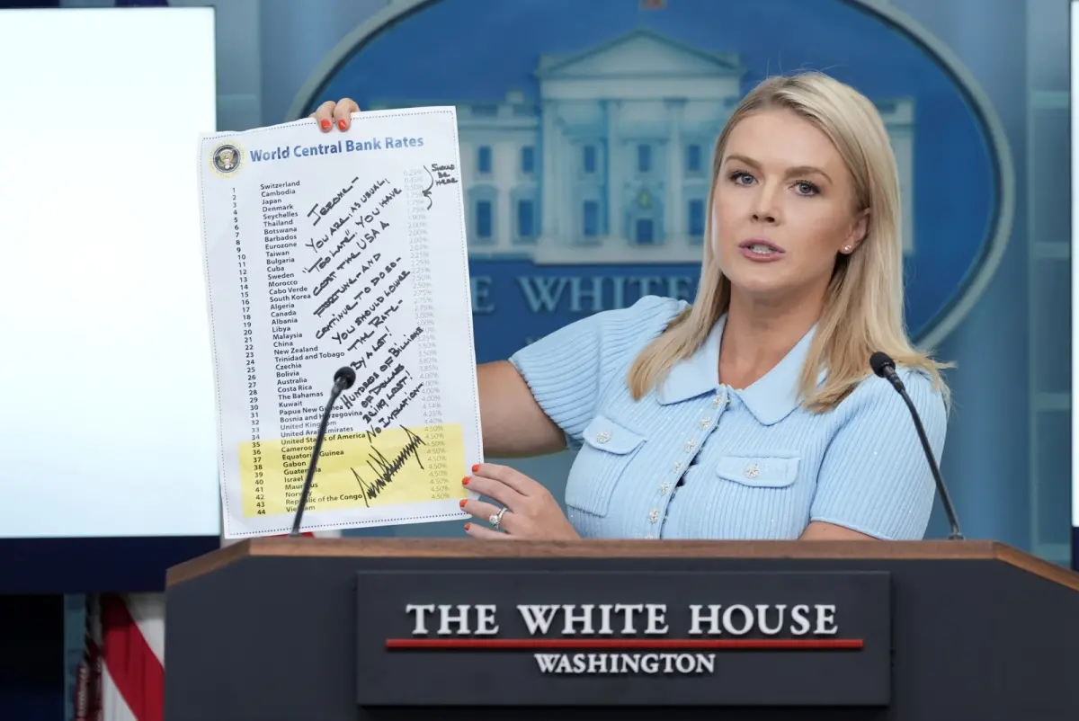 ▲白宮新聞秘書萊維特，週一在記者會上幫腔川普，強調包含台灣在內、許多國家的現行利率都比美國低，呼籲聯準會儘快降息。（圖／美聯社／達志影像）