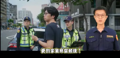 ▲在地味十足的受訪路人，則是由左營交通分隊分隊長林佑澤來扮演，一口道地「輪轉」的台語，親民效果十足。(圖／高市警局交通大隊提供)