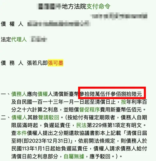 ▲張若凡積欠直播平台36.5萬餘元。（圖／翻攝自司法院判決書系統）