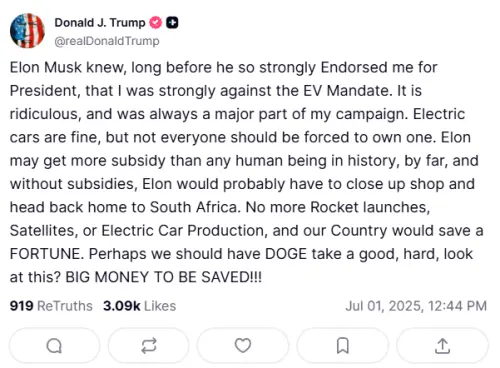 美國總統川普在社群發文,開嗆特斯拉執行長馬斯克若沒有電動車補助早就回老家。(圖/翻攝自川普Truth Social) ▲美國總統川普在社群發文,開嗆特斯拉執行長馬斯克若沒有電動車補助早就回老家。(圖/翻攝自川普Truth Social)