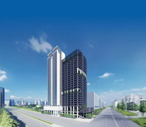 ▲▲亞灣2.0特貿三南之南基地公辦都更案由建築大師安藤忠雄親自操刀，將興建一棟45層住商大樓與一棟29層商辦大樓。圖為建築外觀示意。（圖／高雄市政府提供）