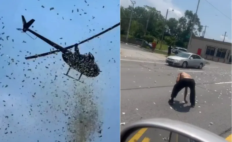 ▲美國底特律出現一場鈔票雨，是當地一名洗車場老闆過世的追思祝福儀式。（圖／翻攝自ｘ）