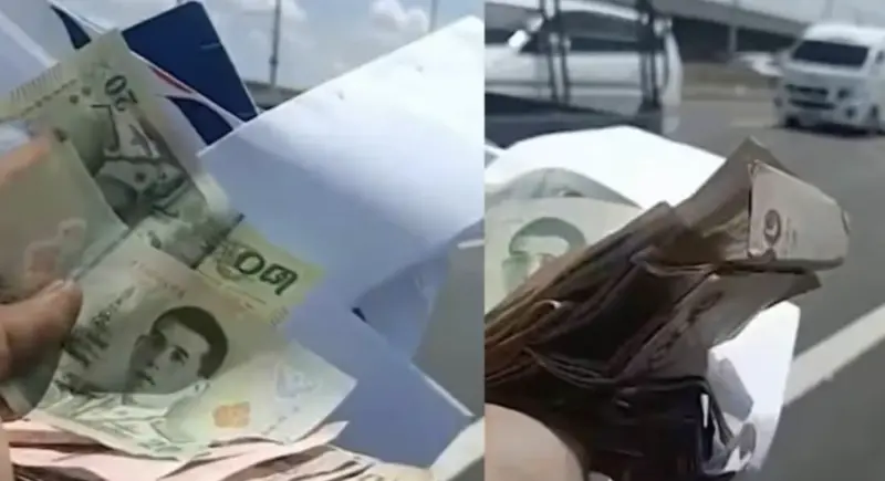 ▲泰國曼谷西拉差高速公路上大量現金從車輛中因不明原因散落。（圖／翻攝自X）