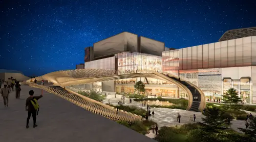 ▲台灣最大購物中心「D-ONE第一大天地」由日本建築大師隈研吾領銜設計的「月亮灣」空橋，1日首度對外發表。（圖／第一大國際開發提供）