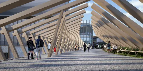 ▲橋上空間以木造集成材搭接，呈現溫潤且富層次的構造美學。（圖／第一大國際開發提供）