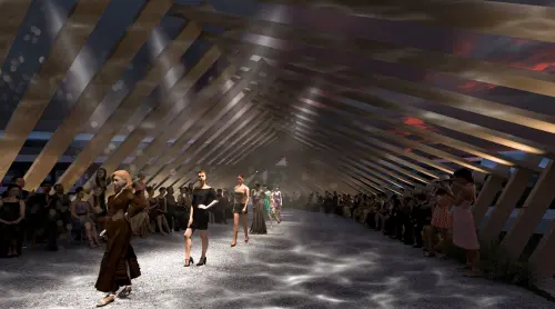 ▲橋上空間以木造集成材搭接，呈現溫潤且富層次的構造美學。（圖／第一大國際開發提供）