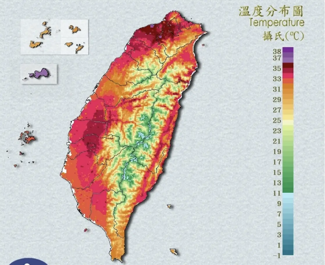 ▲全台高溫炎熱，中央氣象署發布「高溫資訊」，溫度分布圖上整片紅到發黑。（圖／中央氣象署）