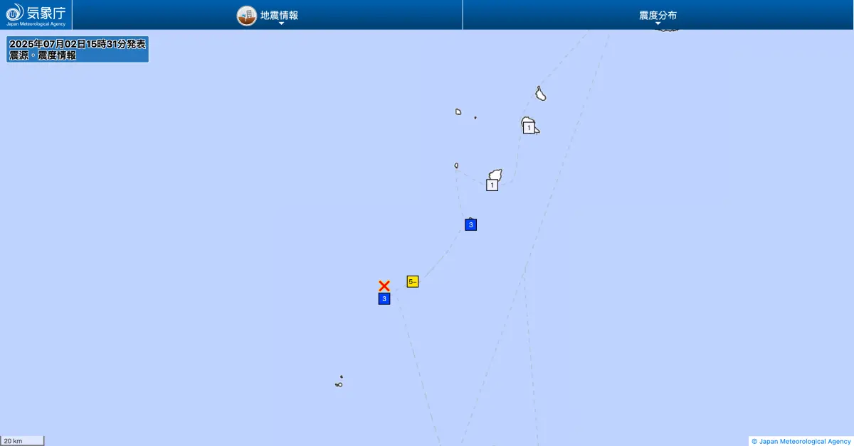 ▲日本九州鹿兒島外海的吐噶喇群島（トカラ列島）近海再度發生規模5.5地震。（圖／翻攝自日本氣象廳）