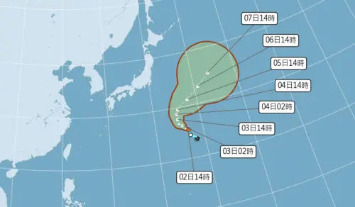 日本東南方的熱帶性低氣壓,將逐漸增強為今年第3號颱風「木恩」,不過路徑對台沒有影響。(圖/中央氣象署) ▲日本東南方的熱帶性低氣壓,將逐漸增強為今年第3號颱風「木恩」,不過路徑對台沒有影響。(圖/中央氣象署)