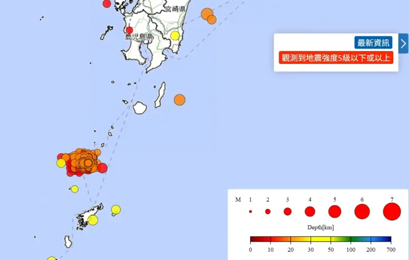 ▲日本鹿兒島外海吐噶喇群島自六月底至今已發生近千起地震，頻率異常驚人。（圖／日本氣象廳官網）