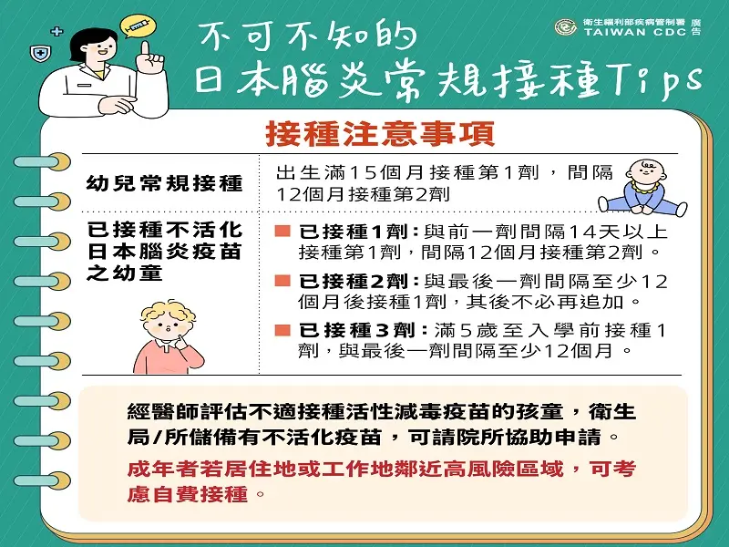 ▲不可不知的日本腦炎常規接種及注意事項。（圖／屏東縣府提供）