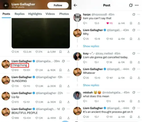 ▲傳奇搖滾樂團綠洲合唱團主唱連恩，在個人社交平台上發文歧視華人字眼「CHING CHONG」，遭亞洲人抵制退票後連忙發文道歉，但仍有不少人不買單。（圖／翻攝自連恩X）