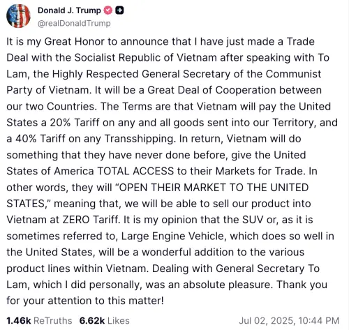 ▲川普稱已與越南達成貿易協議。（圖／翻攝自川普的社群媒體）