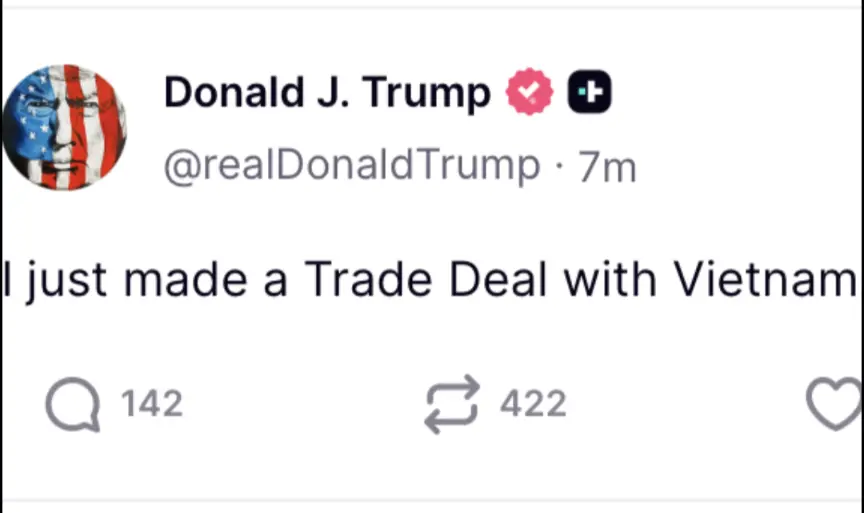 ▲川普突然宣布與越南達成貿易協議。（圖／川普Truth Socia）