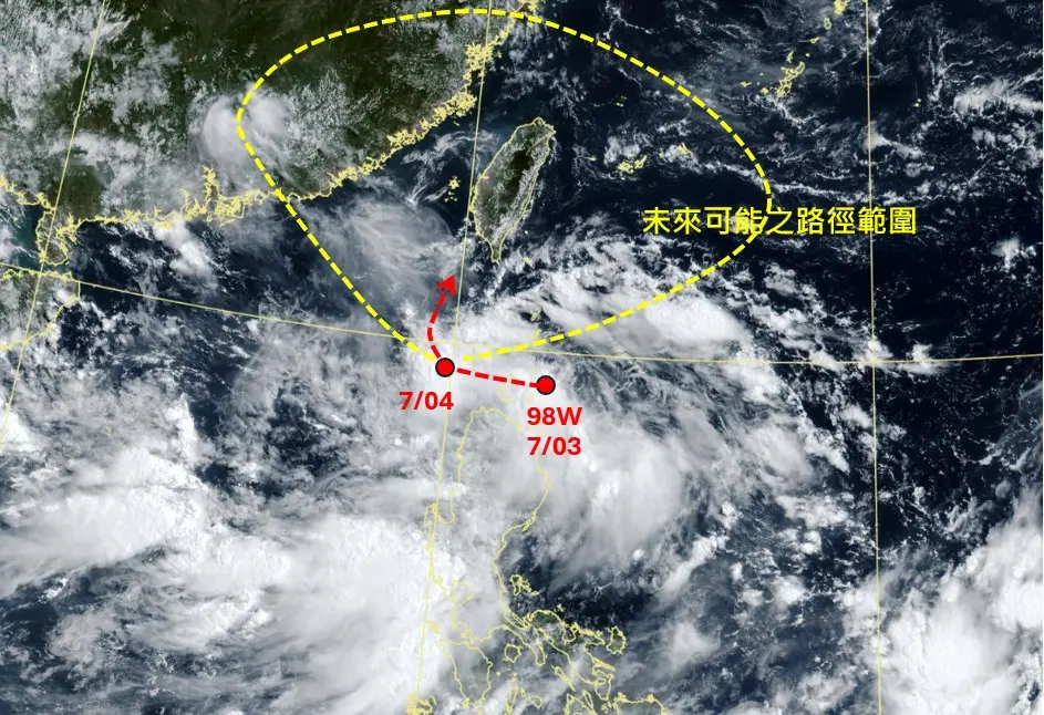 ▲天氣風險公司資深顧問吳聖宇貼出最新衛星雲圖，表示98W熱帶擾動已在家門口，並標示出可能的未來移動範圍。（圖／取自「天氣職人-吳聖宇」臉書粉專）