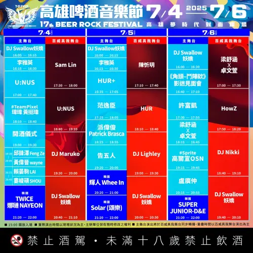 ▲7月4日～6日的高雄啤酒節演出卡司時間表。（圖／高雄啤酒節）