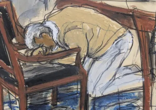 ▲法庭畫家將吹牛老爹聽聞自己重罪逃過、輕罪被判成立後的直接反應畫下來，只見他跪在地上，把頭貼在辯護席的椅子上。（圖／美聯社／達志影像）